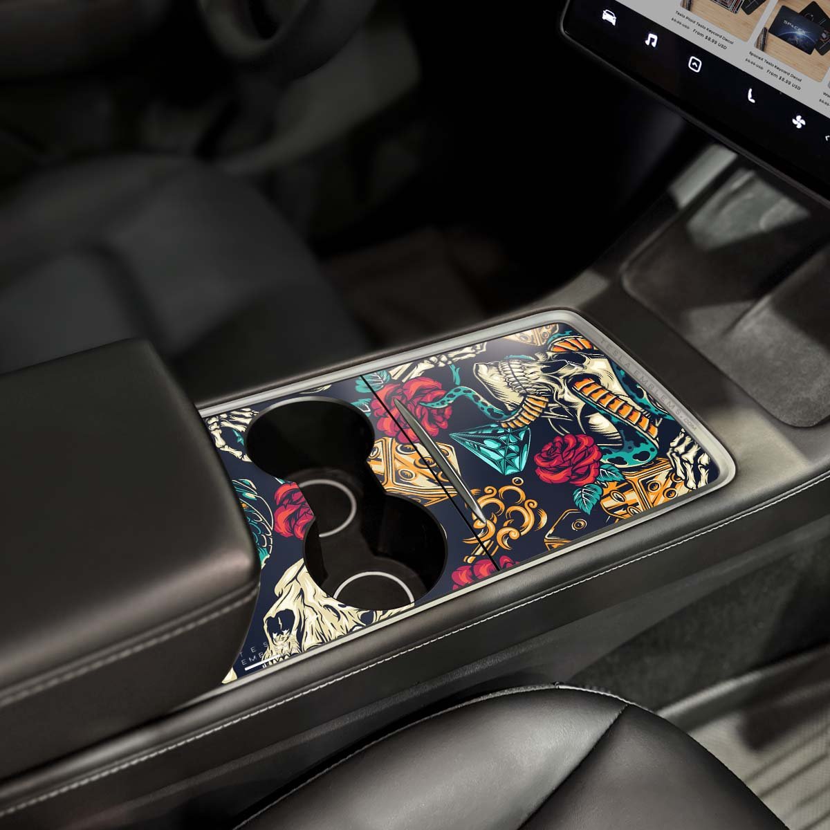 Skull & Rose Tattoo Art | Tesla Center Console Wrap Kit | Model 3 '21-24