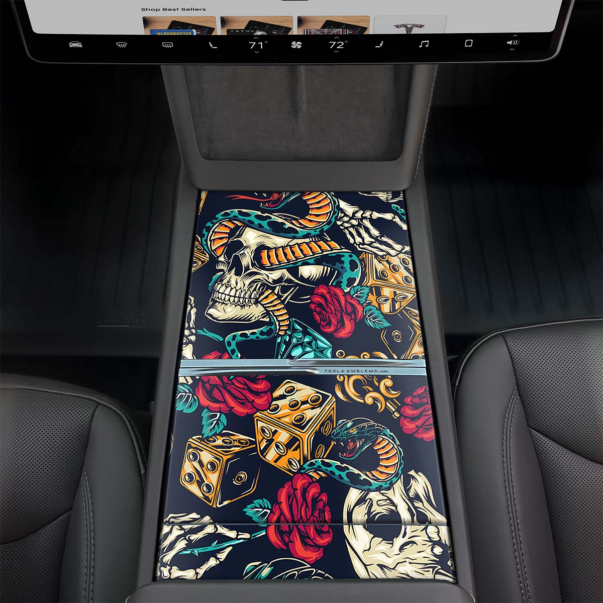 Skull & Rose Tattoo Art | Tesla Center Console Wrap Kit | Model 3 '24-26 Refresh