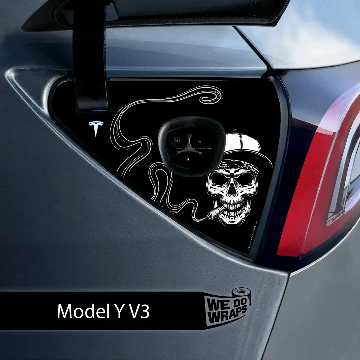 Smoking Skull Art Tesla Charge Port Wrap | Model Y