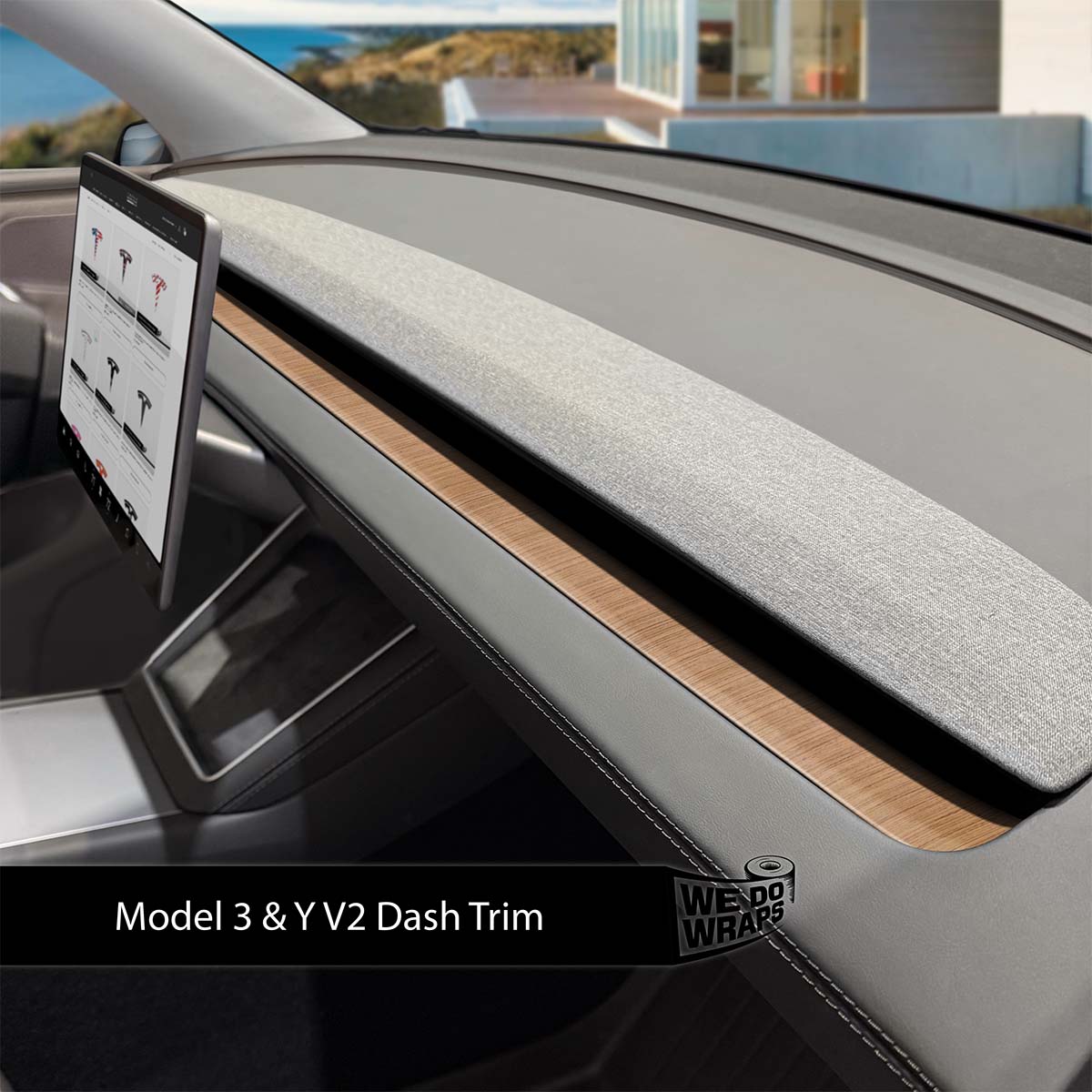 White Ash Stock Tesla Dash Trim Wrap | Model Y 2026