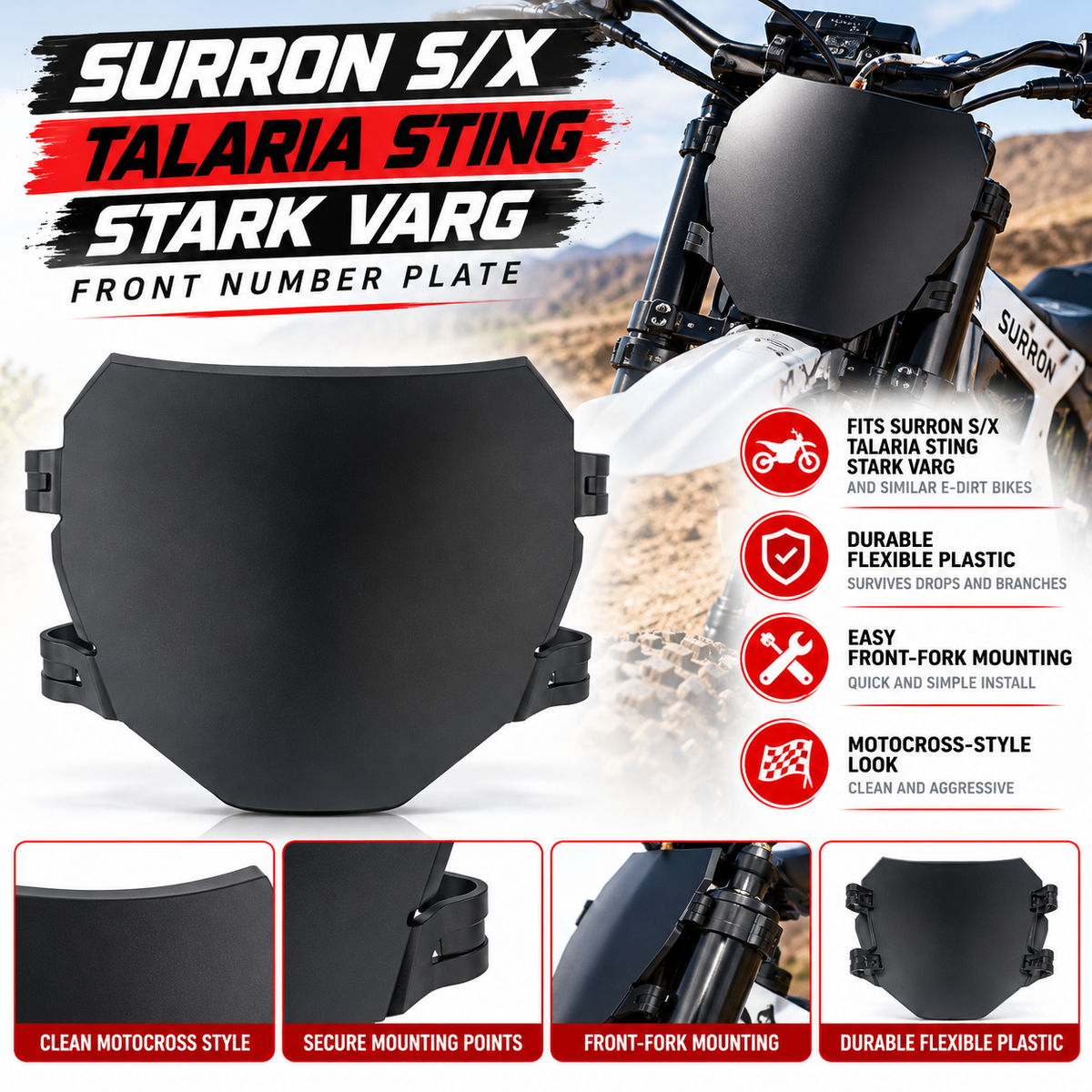 Motocross Front Number Plate for Surron S/X / Talaria Sting / Stark Varg – Black