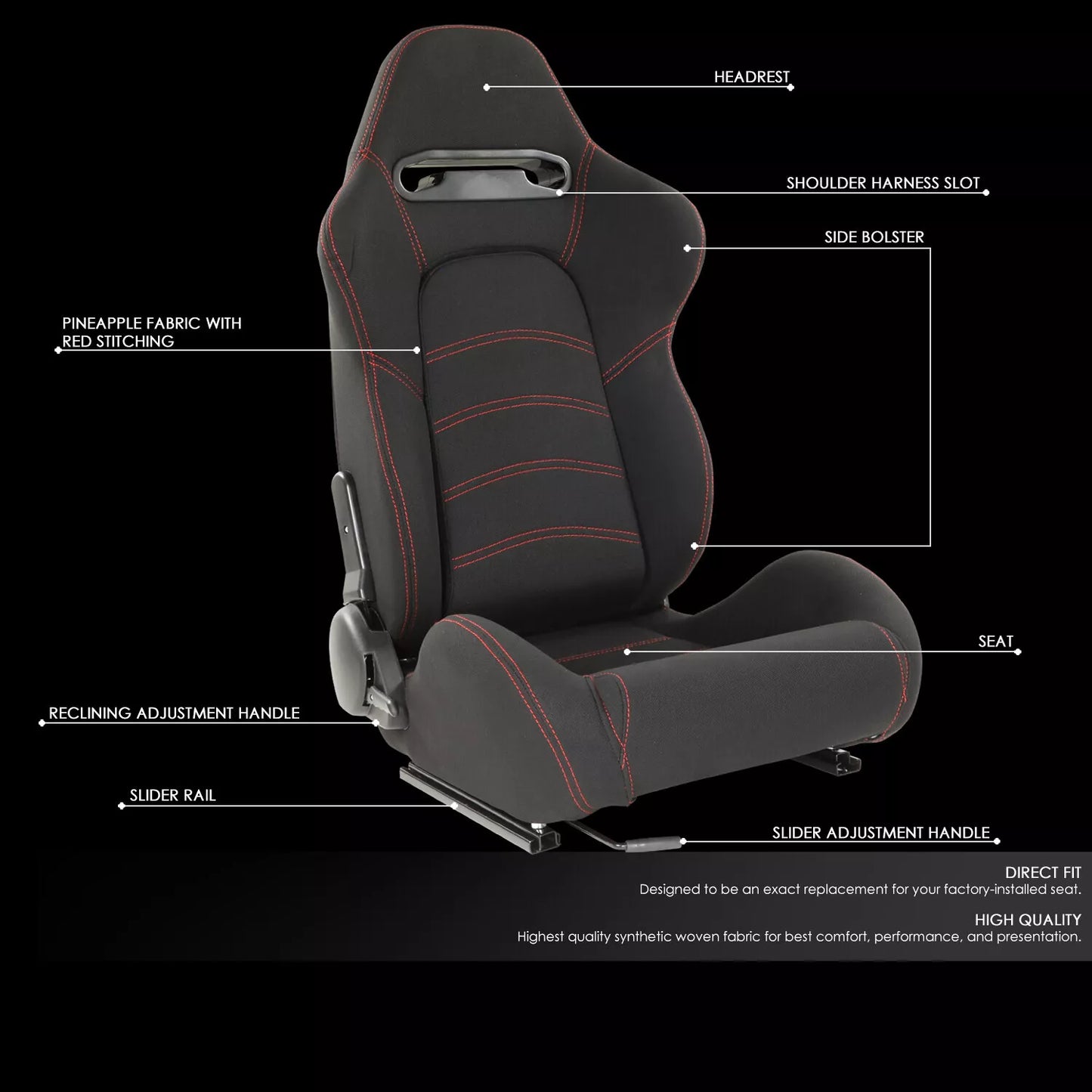 GEN PERFORMANCE Pair of Universal Black Woven Fabric Red Double Stitching Reclinable Racing Seats