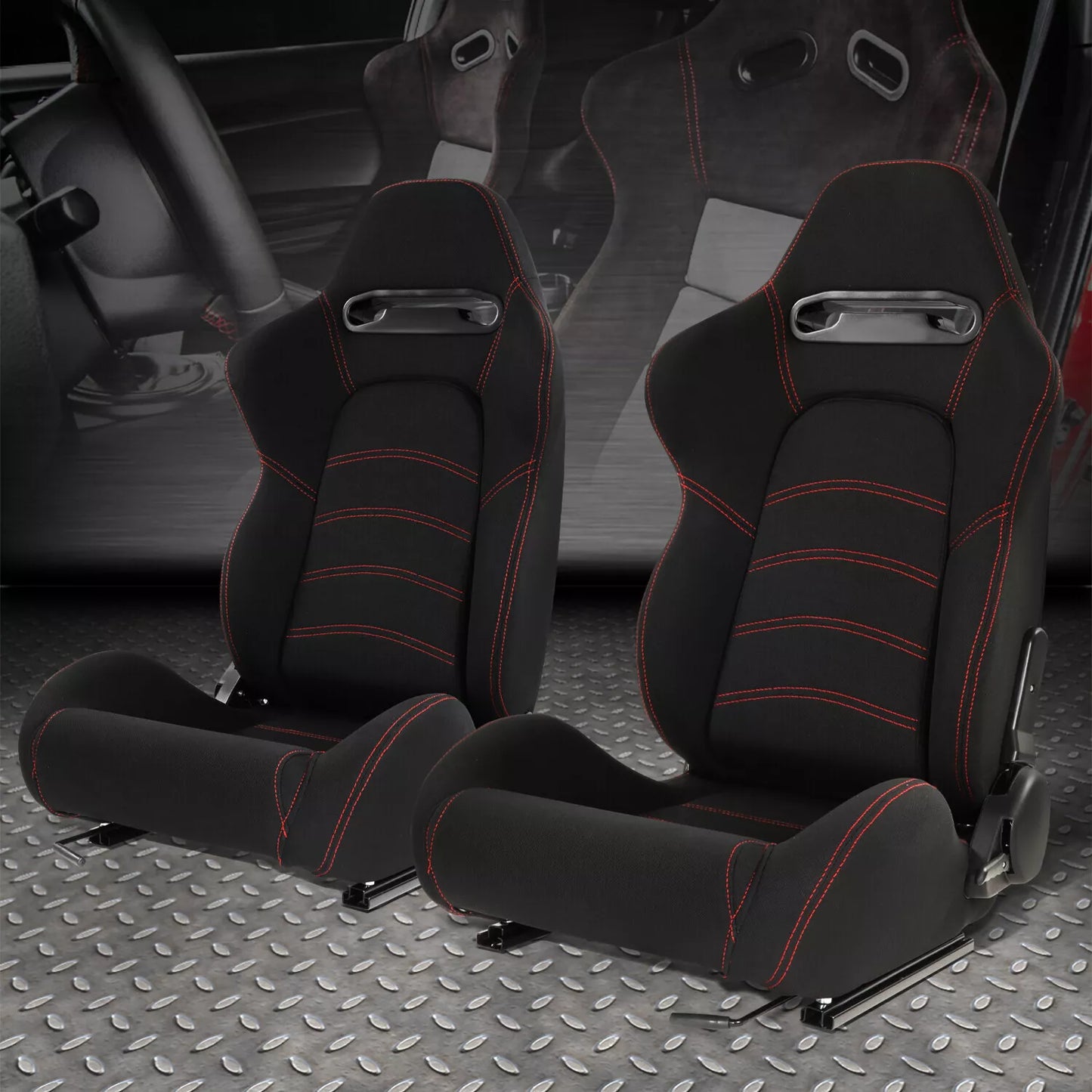 GEN PERFORMANCE Pair of Universal Black Woven Fabric Red Double Stitching Reclinable Racing Seats