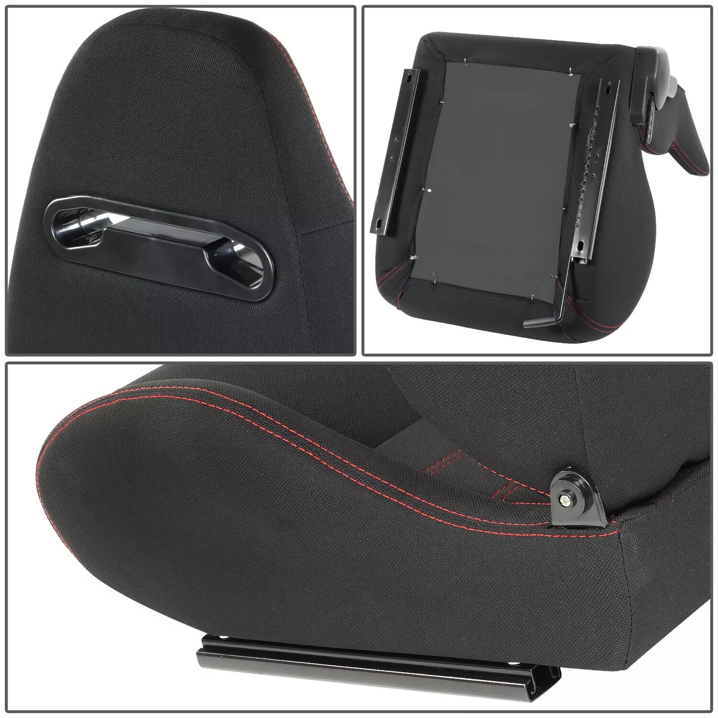 GEN PERFORMANCE Pair of Universal Black Woven Fabric Red Double Stitching Reclinable Racing Seats