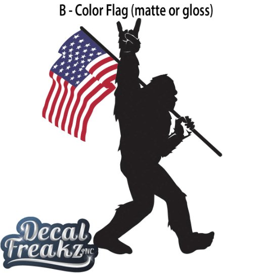 Sasquatch Rock On American Flag Bigfoot Decal - Black with Colored Flag