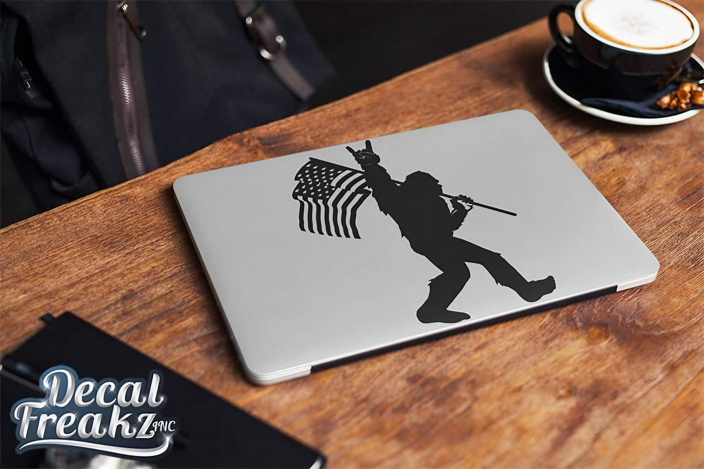 Sasquatch Rock On American Flag Bigfoot Decal - SOLID BLACK