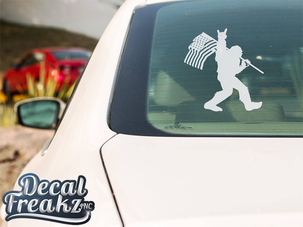 Sasquatch Rock On American Flag Bigfoot Decal - SOLID WHITE