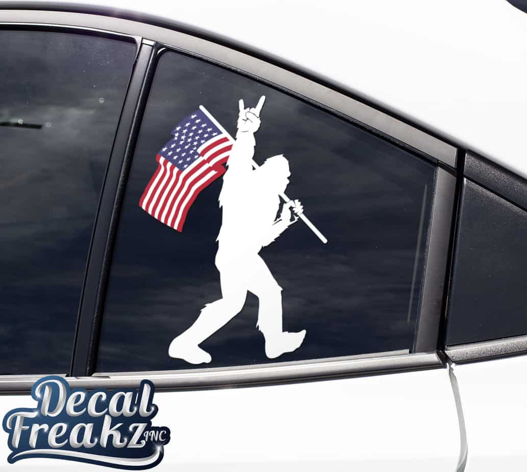 Sasquatch Rock On American Flag Bigfoot Decal - White with Colored Flag