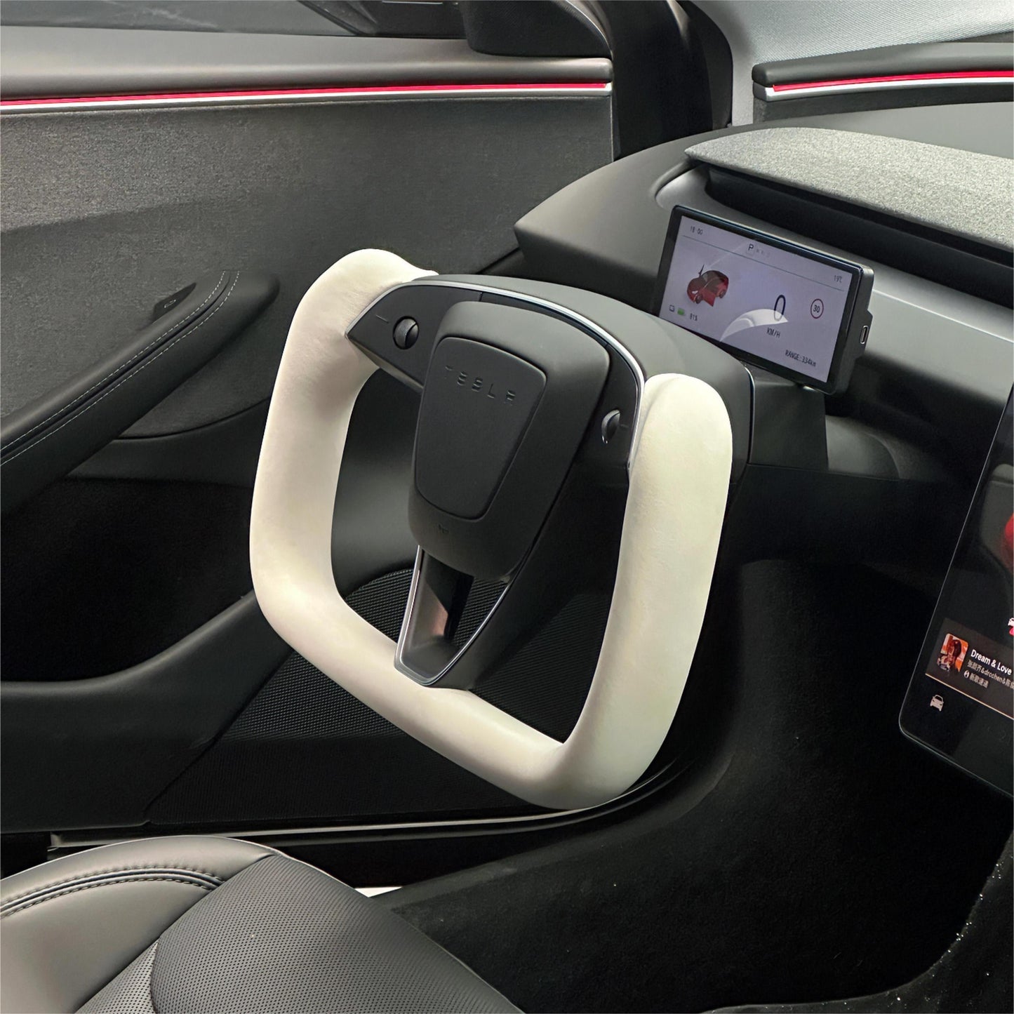 TESERY Model 3 Highland & Model Y Juniper Yoke Plaid Steering Wheel 【White Leather】