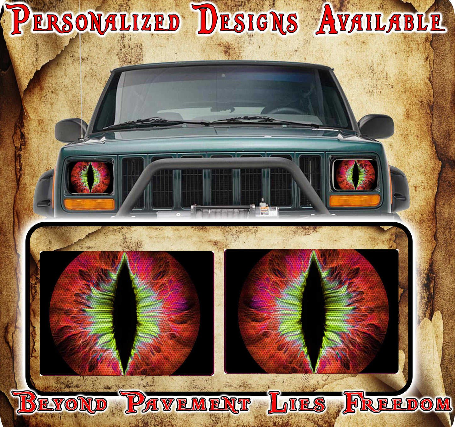 red and green Eye decals for YJ or 5x7 headlights