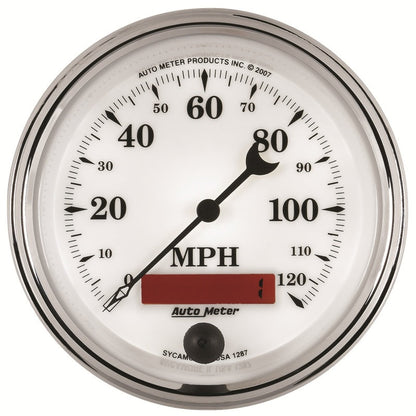 AutoMeter Gauge Speedometer 3-3/8in. 120MPH Elec. Prog. W/ Lcd Odo Old Tyme Wht II 1287