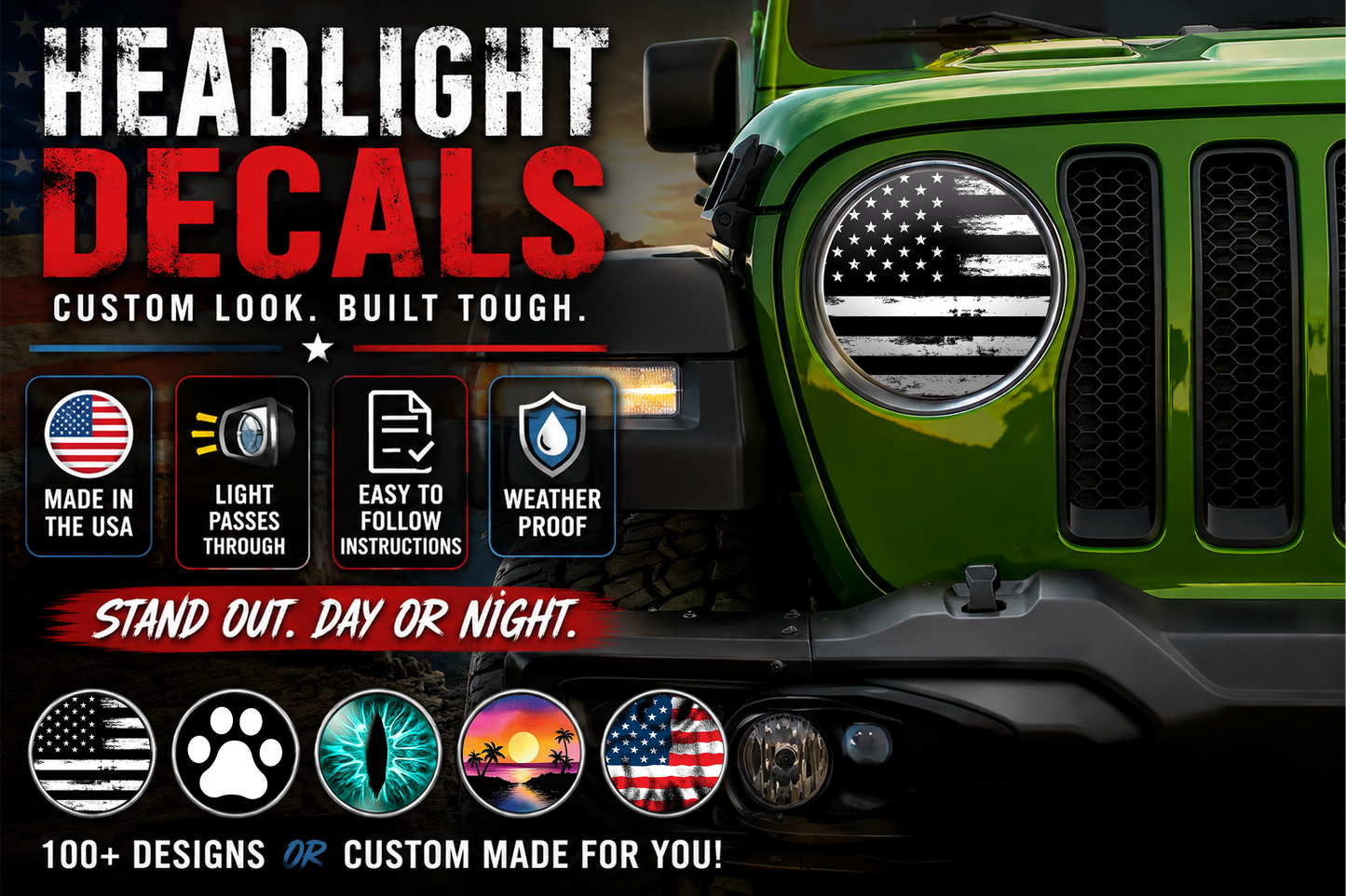 Black and white American flag headlight decal 38