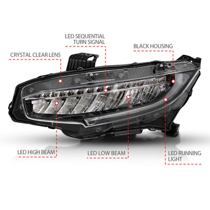 ANZO 16-17 Honda Civic Projector Headlights Plank Style Black w/Amber/Sequential Turn Signal 121527