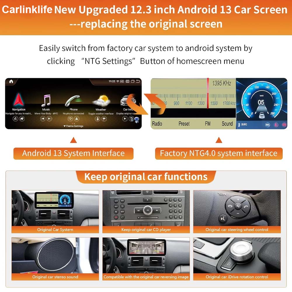Android 13 Car Radio Touchscreen 12.3'' Car Stereo for Mercedes Benz C Class W204 GLK X204 2008-2015