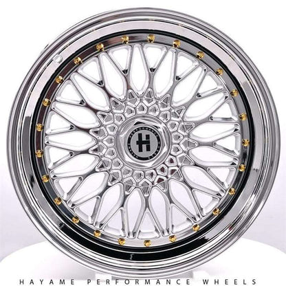 17x8.5 In Platinum Chrome Hayame Performance Wheel Rims Gold Accent
