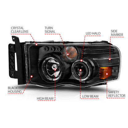 ANZO 2002-2005 Dodge Ram 1500 Projector Headlights w/ Halo Black Clear Amber 111490