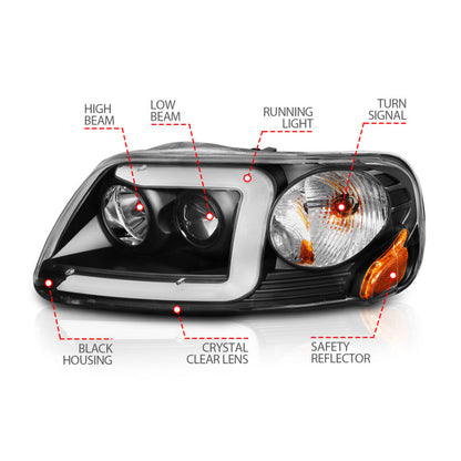 ANZO 1997-2003 Ford F-150 Projector Headlights w/ Light Bar Black Housing 111503