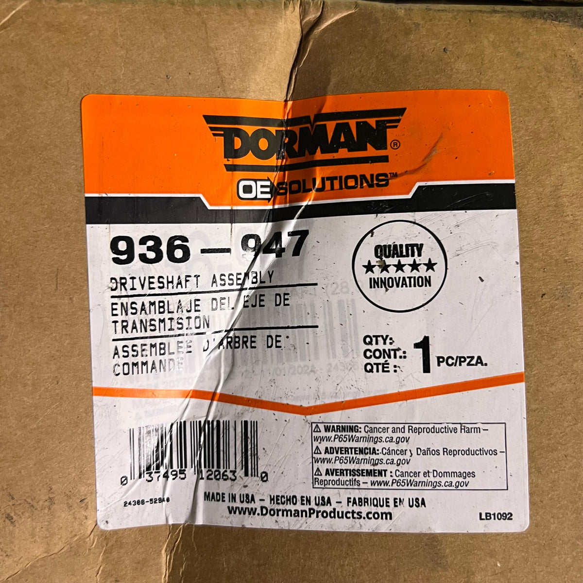 DORMAN Rear Driveshaft Assembly Sz 62" L, Black 936-947