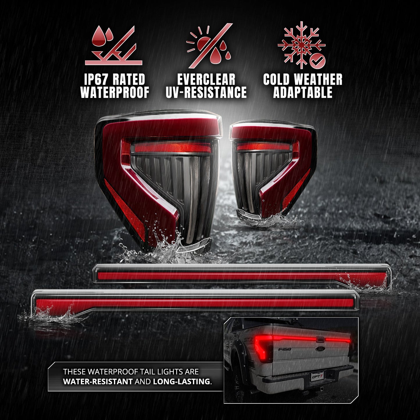 OPT7 Full-Width Strip Cross LED Tail Light with Sequential Red or Yellow Signal for 12th Gen 09-14 Ford F150 (Inspired from New Ford F-150 Lighting)