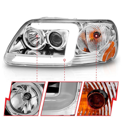 ANZO 1997-2003 Ford F-150 Projector Headlights w/ Light Bar Chrome Housing 111504
