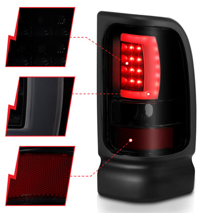 ANZO 1994-2001 Dodge Ram 1500 LED Taillights Plank Style Black w/Smoke Lens 311340