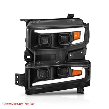 ANZO 19-22 Chevrolet Silverado 1500 LED Proj HL w/Lgt Bar SwBk Seq. Blk w/In. Light - Driver Side ON 111566-L