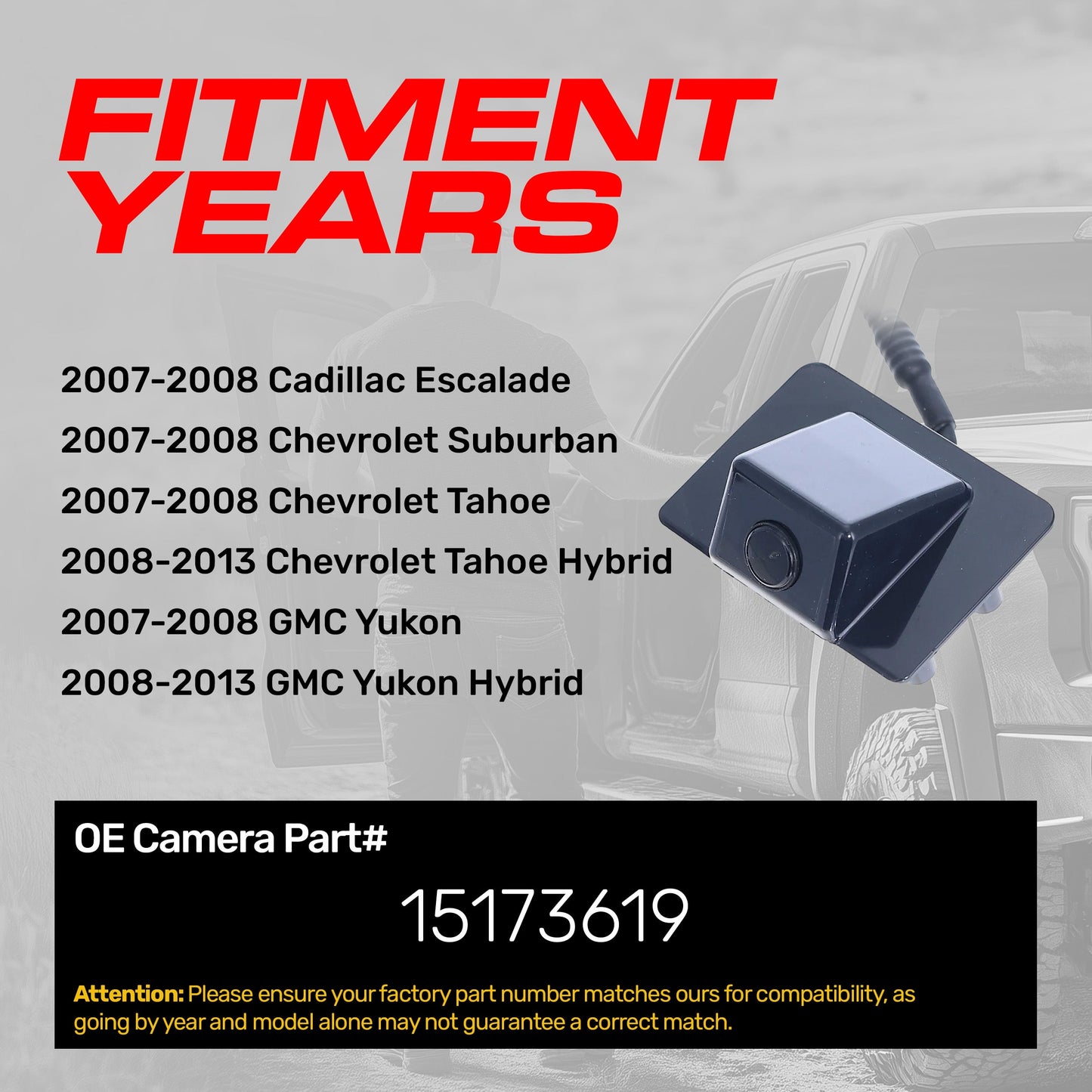 Cadillac Escalade (07-08) / Chevrolet Suburban (07-08), Tahoe (07-08), Tahoe Hybrid (08-13) / GMC Yukon (07-08), Yukon Hybrid (08-13) OEM Replacement Backup Camera OE Part # 15173619