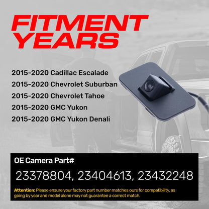 Cadillac Escalade (2015-2020) / Chevrolet Suburban, Tahoe (2015-2020) / GMC Yukon, Yukon Denali (2015-2020) OEM Replacement Backup Camera OE Part # 23378804, 23404613, 23432248