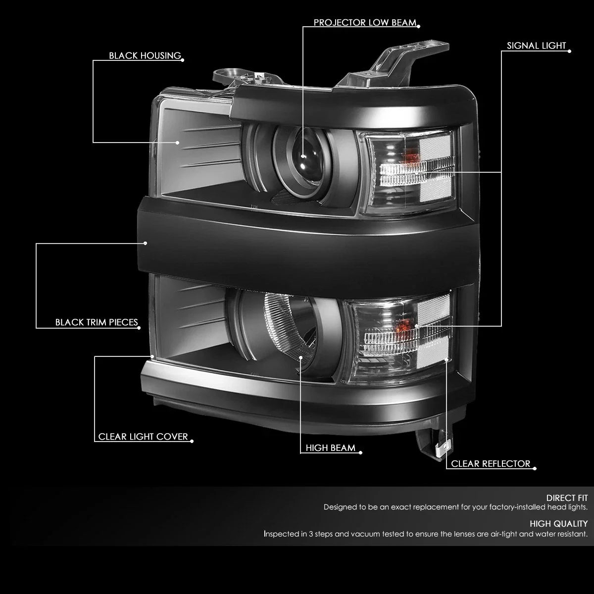 15-19 Chevy Silverado 2500HD/3500HD Projector Headlight Set Black Housing Clear Lens