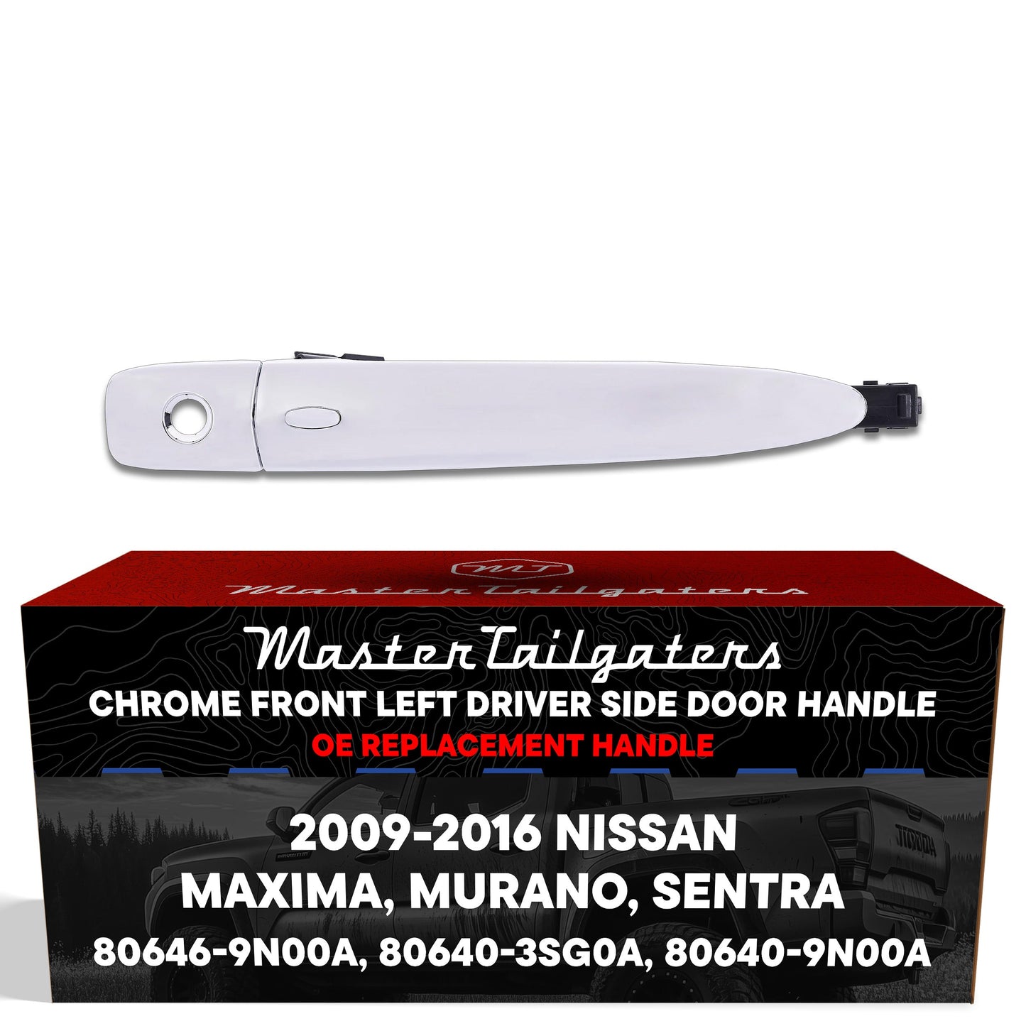 Exterior Door Handle Chrome Replacement for Nissan Maxima (09-15), Murano (09-14), Sentra (13-16) OE Part # 80646-9N00A, 80640-3SG0A, 80640-9N00A | Front Left Driver Side