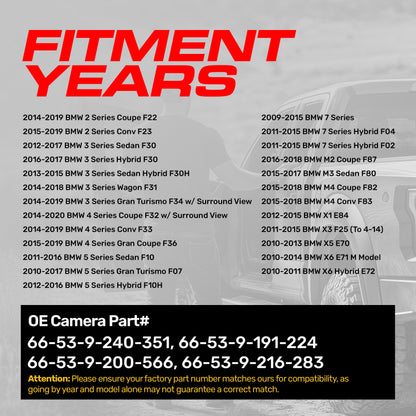 BMW 2/3/4/5/7 Series (2009-2020), M2/M3/M4 (2015-2018), X1/X3/X5/X6 (2010-2015) OEM Replacement Backup Camera OE Part # 66539191224, 66539200566, 66539216283, 66539240351