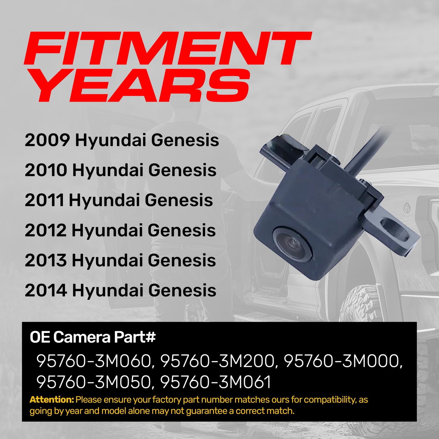 Hyundai Genesis (2009-2014) OEM Replacement Backup Camera OE Part # 95760-3M000, 95760-3M050, 95760-3M060, 95760-3M061, 95760-3M200