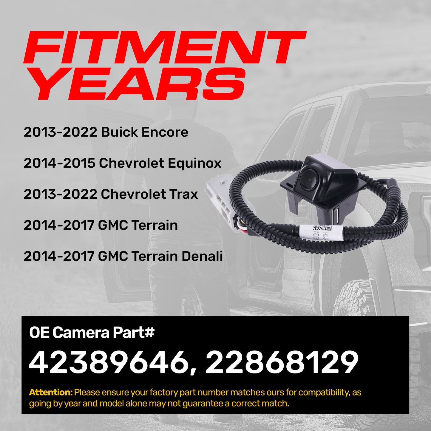 Buick Encore (13-22), Chevrolet Trax (13-22), Chevrolet Equinox (14-15), GMC Terrain/Terrain Denali (14-17) OEM Replacement Backup Camera OE Part # 22868129, 42389646