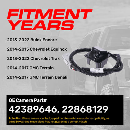 Buick Encore (13-22), Chevrolet Trax (13-22), Chevrolet Equinox (14-15), GMC Terrain/Terrain Denali (14-17) OEM Replacement Backup Camera OE Part # 22868129, 42389646