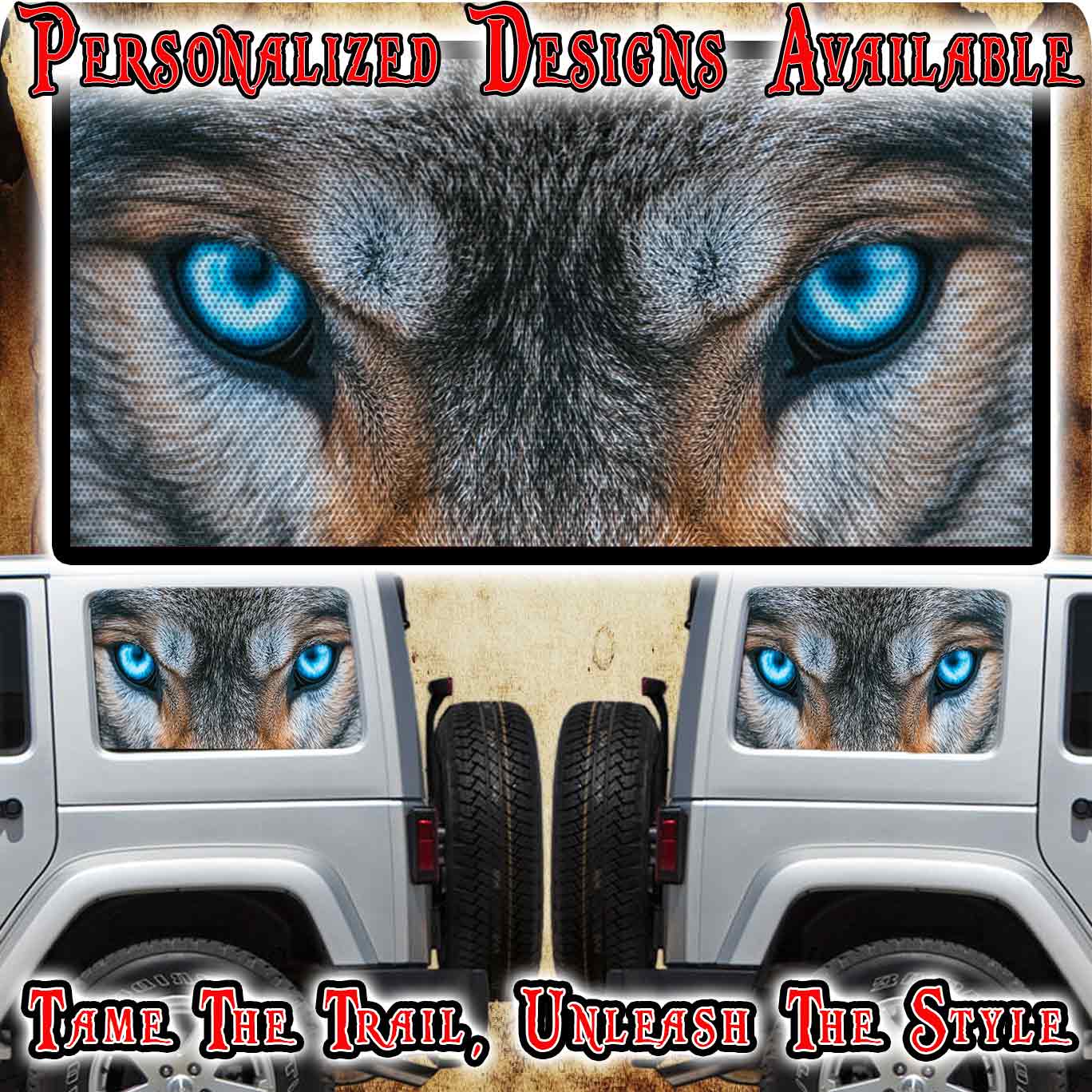 Wolf eyes Rear quarter window see through graphic.