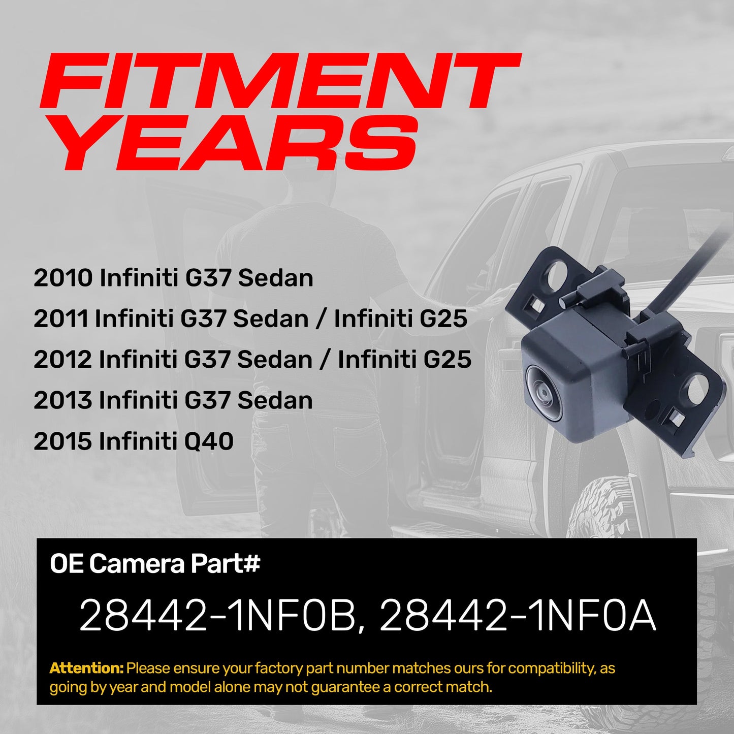 Infiniti G25 (2011-2012), G37 Sedan (2010-2013), Q40 (2015) OEM Replacement Backup Camera OE Part # 28442-1NF0B, 28442-1NF0A