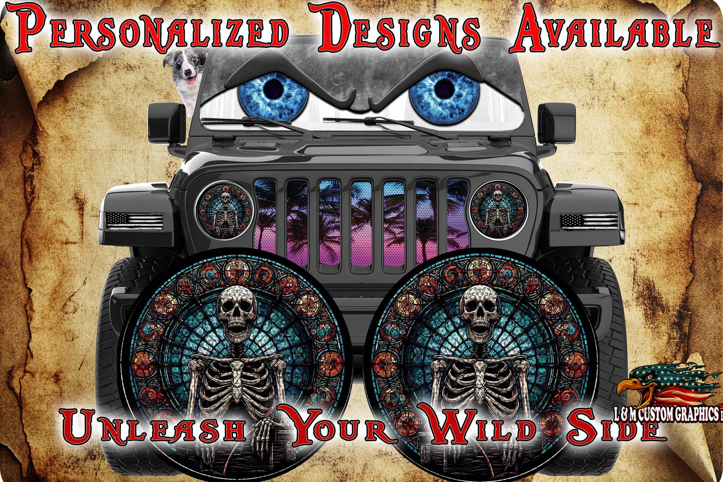 Skeleton jeep wave-stained glass round headlight decals 15