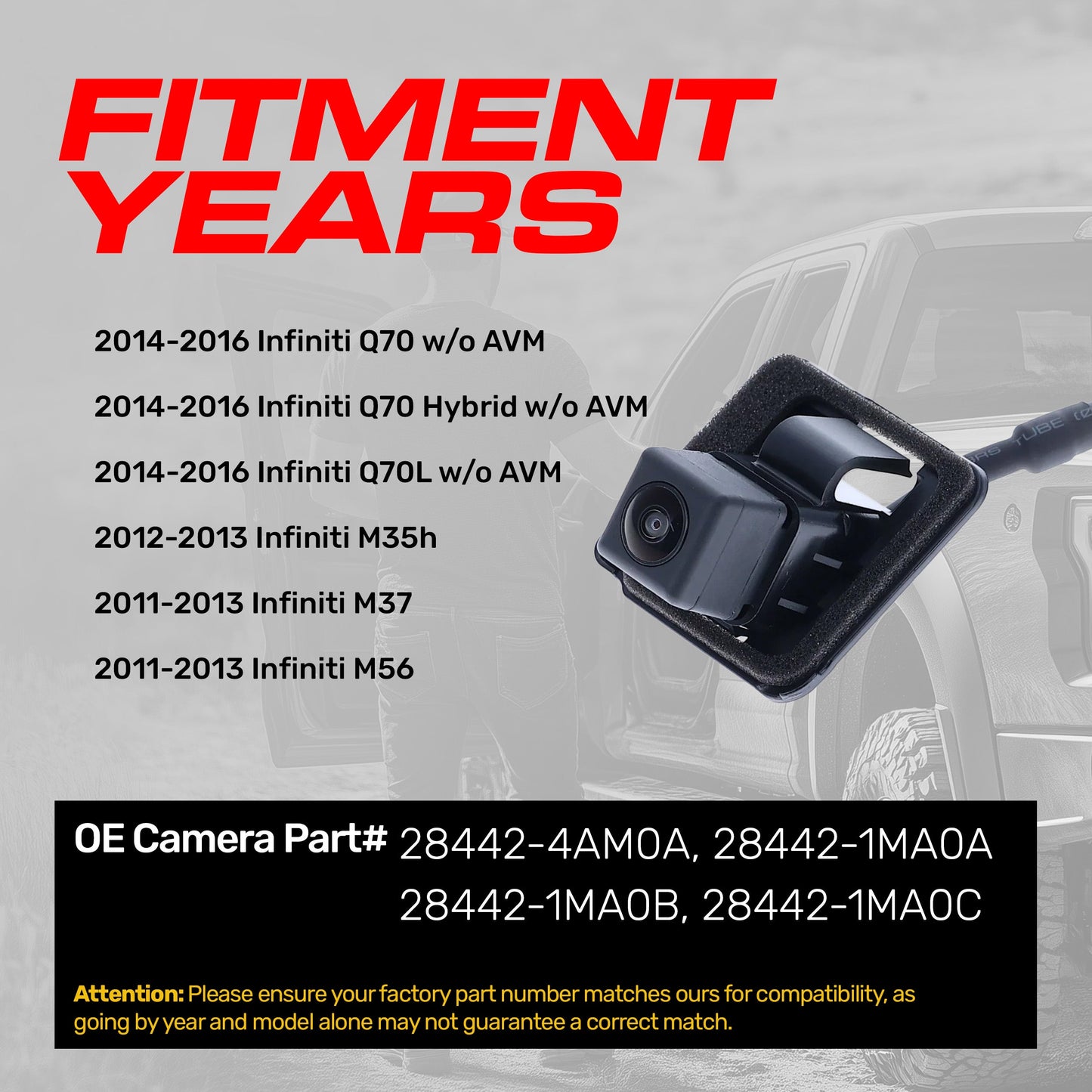 Infiniti Q70/Q70L/Q70 Hybrid w/o AVM (14-16), M35h (12-13), M37/M56 (11-13) OEM Replacement Backup Camera OE Part # 28442-1MA0A, 28442-1MA0B, 28442-1MA0C, 28442-4AM0A