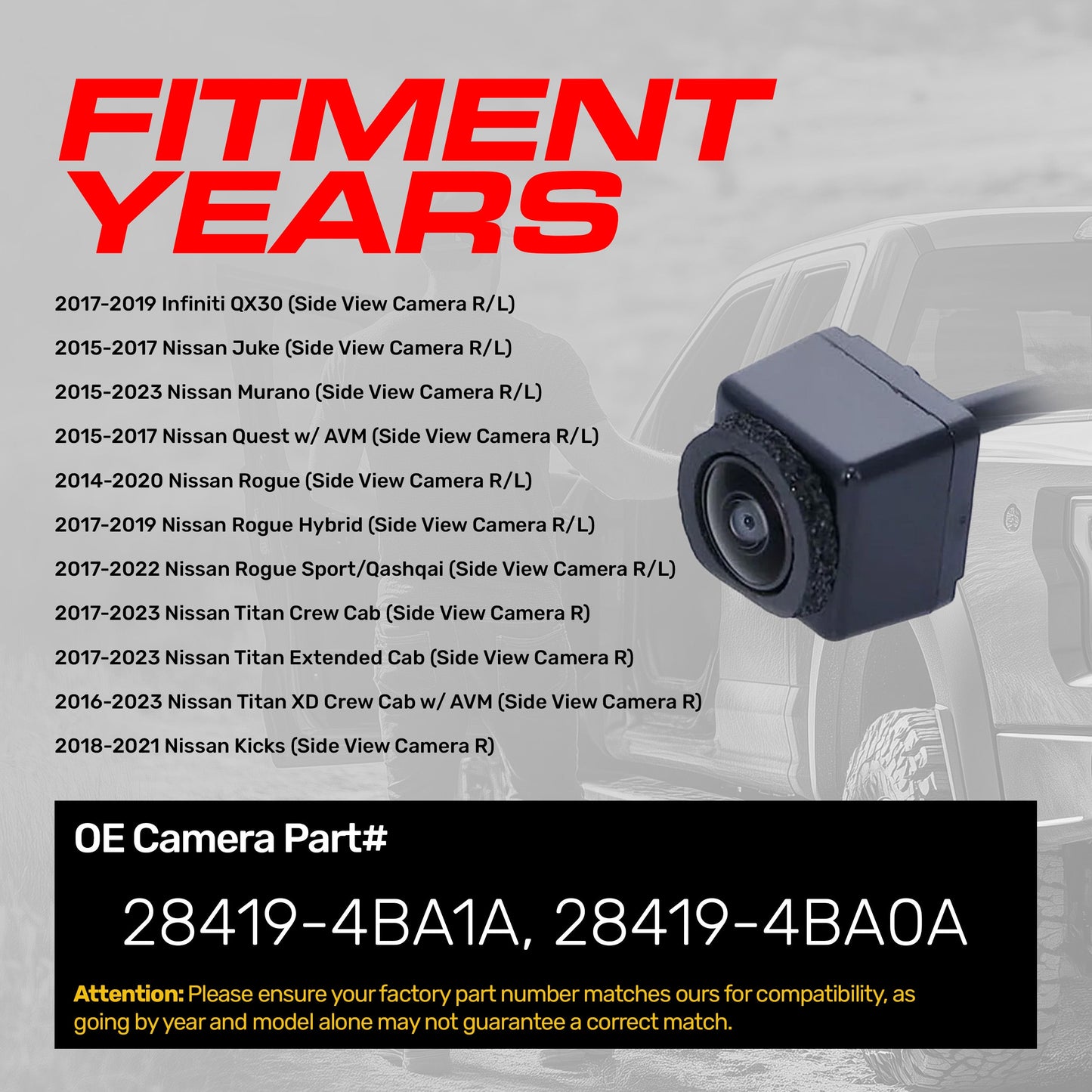 Infiniti QX30 (17-19) / Nissan Juke (15-17), Murano (15-23), Quest (15-17), Rogue (14-22), Titan (16-23), Kicks (18-21) Side View OEM Replacement Backup Camera OE Part # 28419-4BA1A, 28419-4BA0A