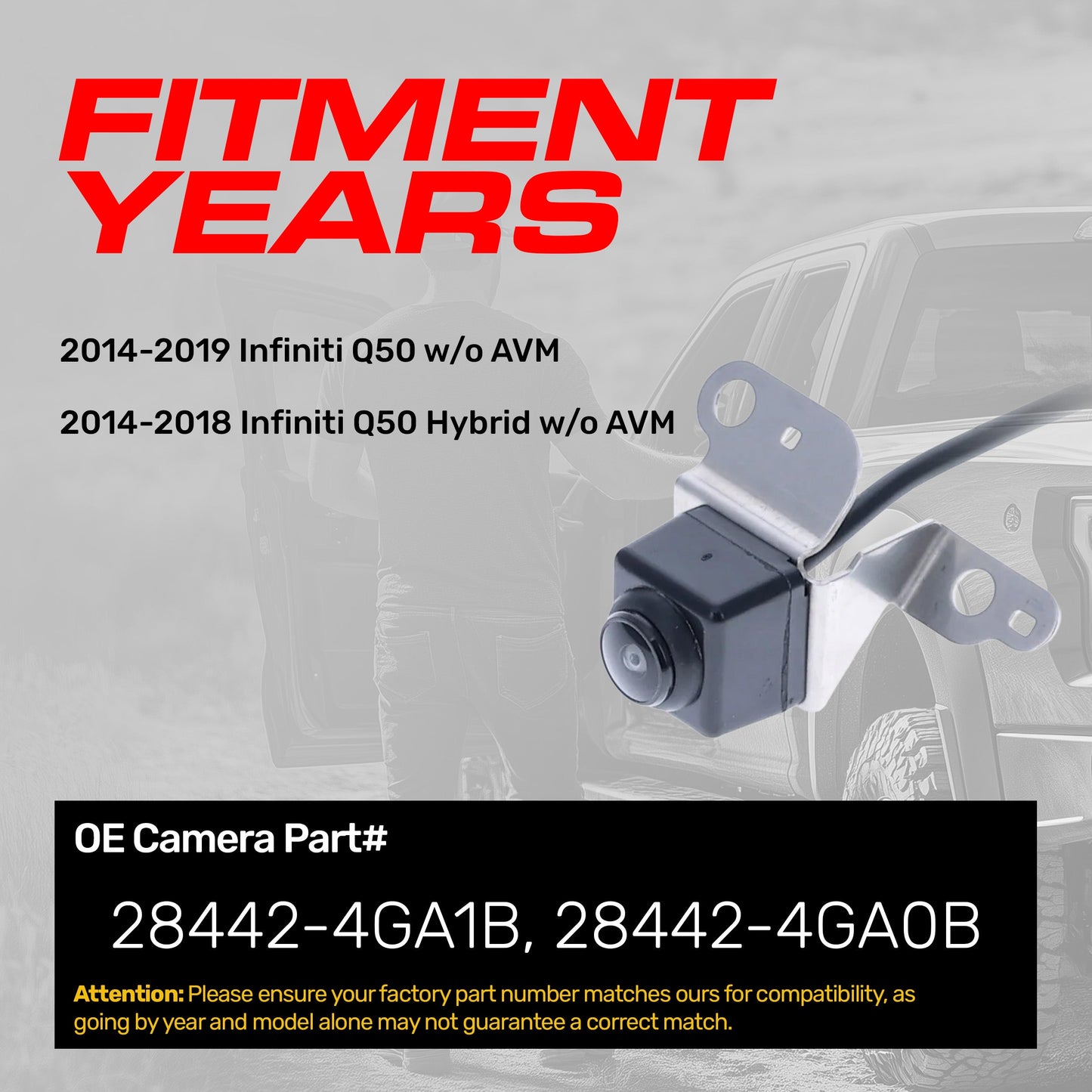 Infiniti Q50 w/o AVM (2014-2019), Q50 Hybrid w/o AVM (2014-2018) OEM Replacement Backup Camera OE Part # 28442-4GA1B, 28442-4GA0B