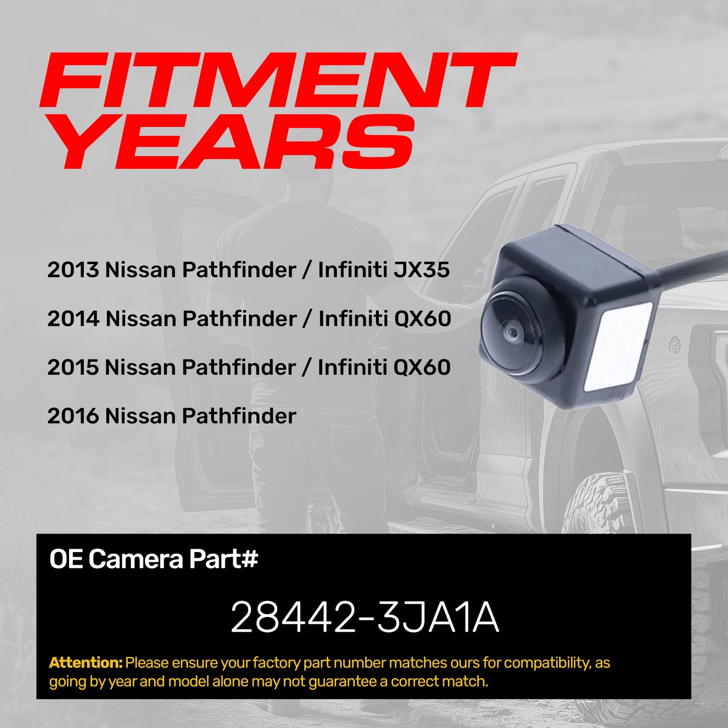 Infiniti JX35 (2013), QX60 (2014-2015) / Nissan Pathfinder (2013-2016) OEM Replacement Backup Camera OE Part # 28442-3JA1A