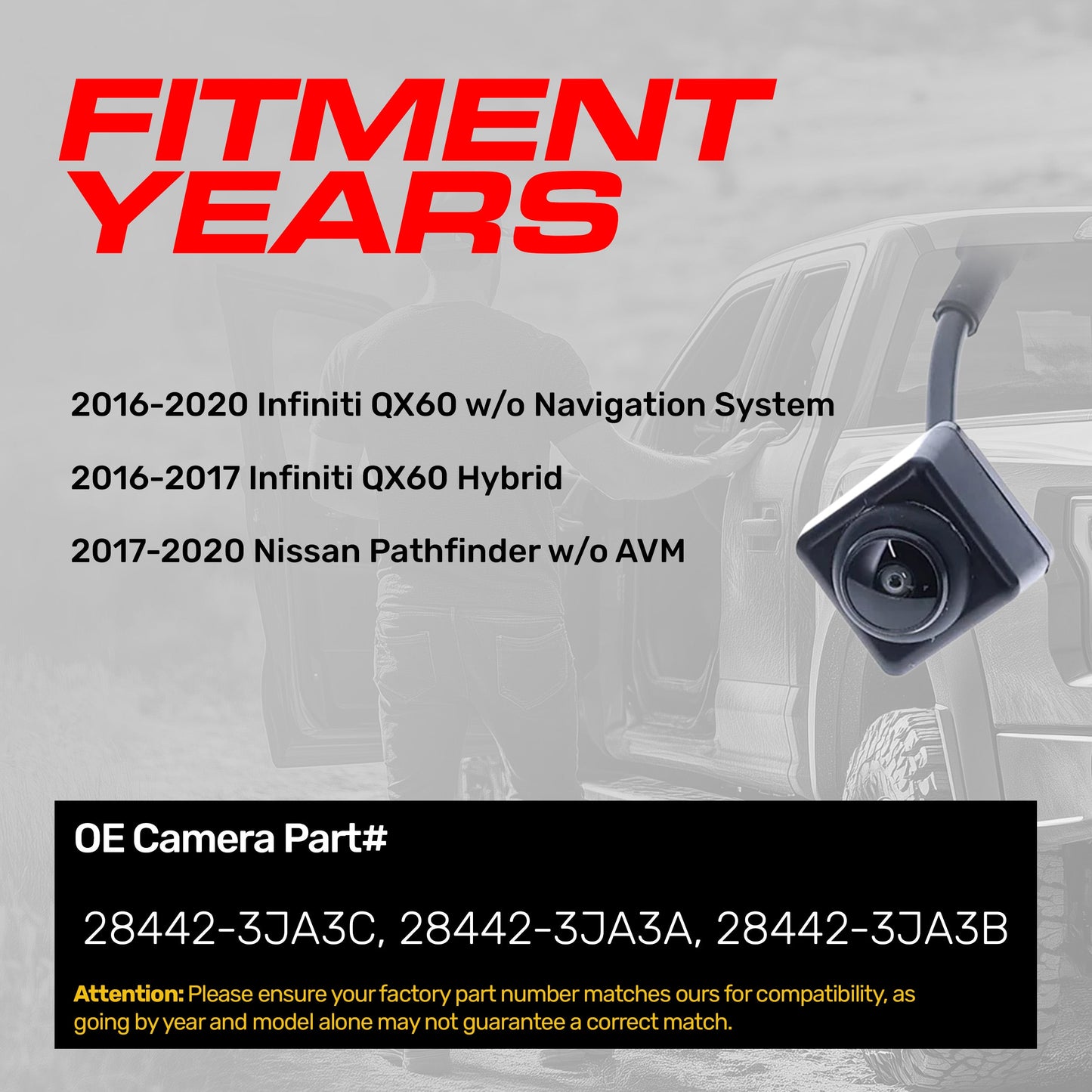 Infiniti QX60 w/o Navigation System (2016-2020), QX60 Hybrid (2016-2017) / Nissan Pathfinder w/o AVM (2017-2020) OEM Replacement Backup Camera OE Part # 28442-3JA3A, 28442-3JA3B, 28442-3JA3C