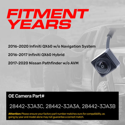 Infiniti QX60 w/o Navigation System (2016-2020), QX60 Hybrid (2016-2017) / Nissan Pathfinder w/o AVM (2017-2020) OEM Replacement Backup Camera OE Part # 28442-3JA3A, 28442-3JA3B, 28442-3JA3C