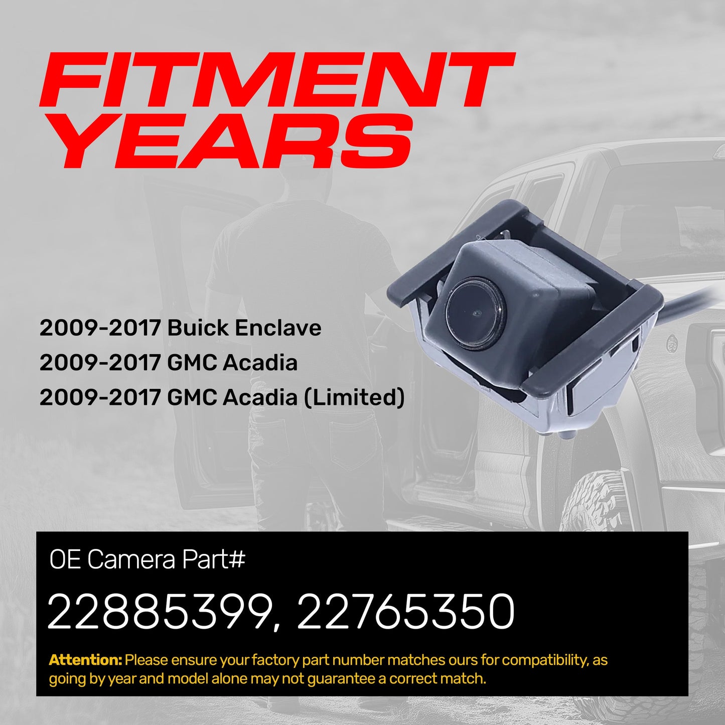 Buick Enclave (2009-2017), GMC Acadia/Acadia Limited (2009-2017) OEM Replacement Backup Camera OE Part # 22765350, 22885399