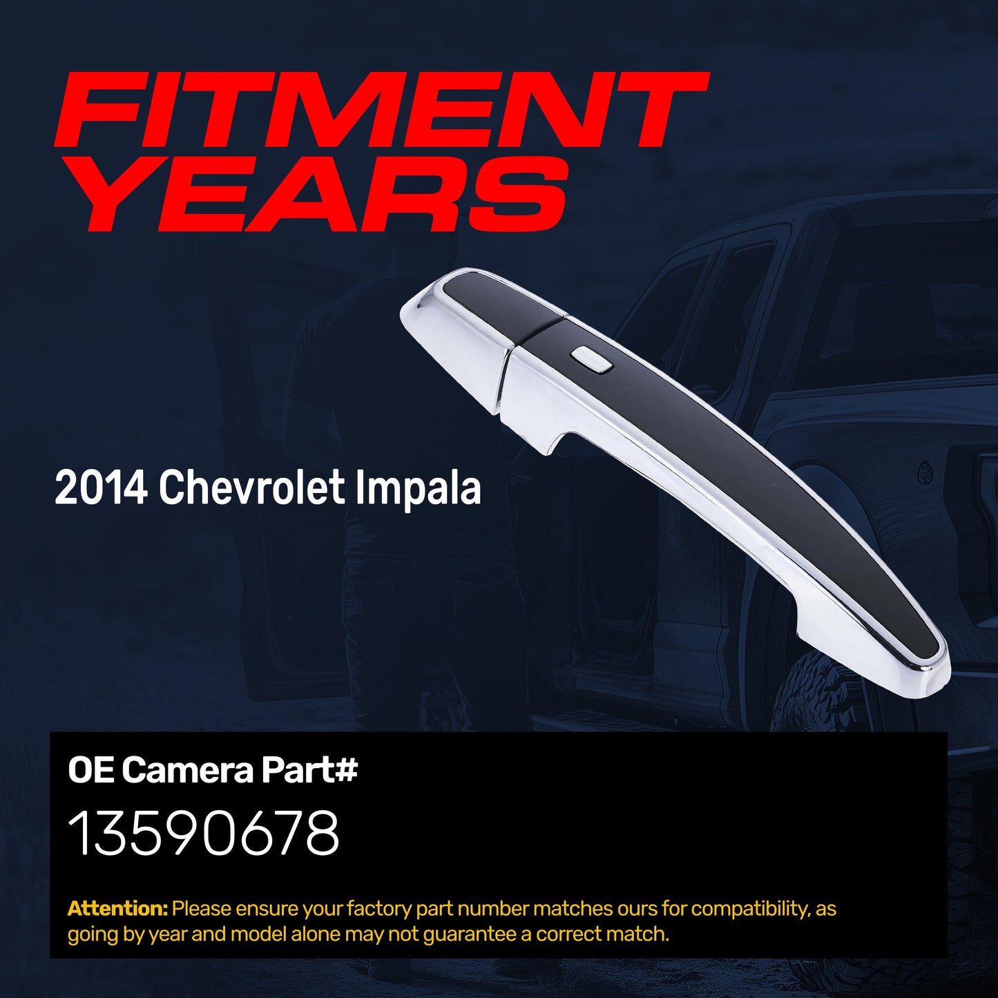 Exterior Door Handle Black/Chrome Replacement for Chevrolet Impala (2014) OE Part # 13590678 |  Front Left Driver Side