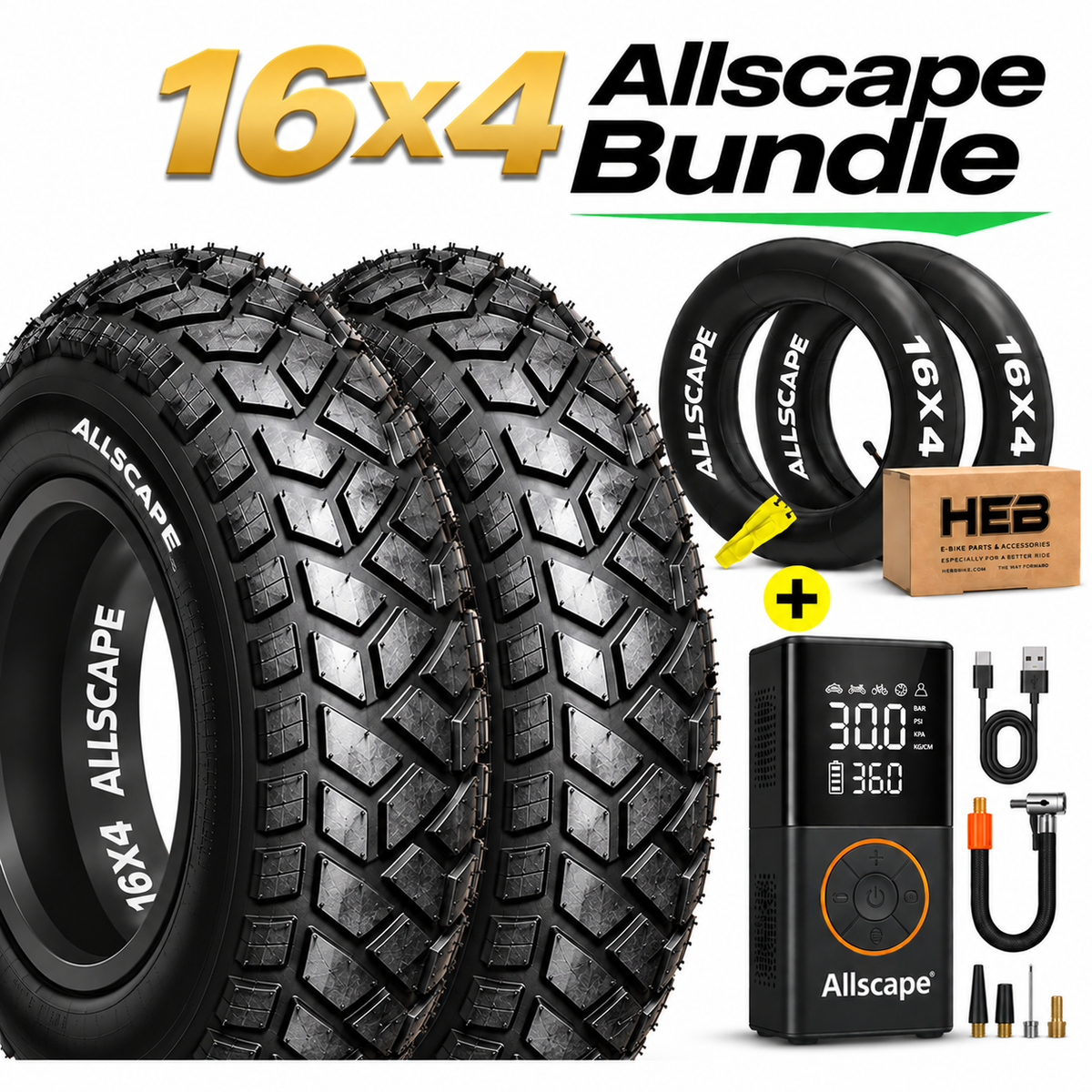 HEB ALLSCAPE® BUNDLE Fat Tires-  SET OF 16"x 4.0" (2) Tires, (2)Tubes, and an Electric Tire Inflator