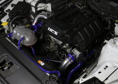 HPS Performance HPS Intercooler Hot Charge Pipe and Cold Side with Blue Hoses 15-17 Ford Mustang Ecoboost 2.3L Turbo, Polish