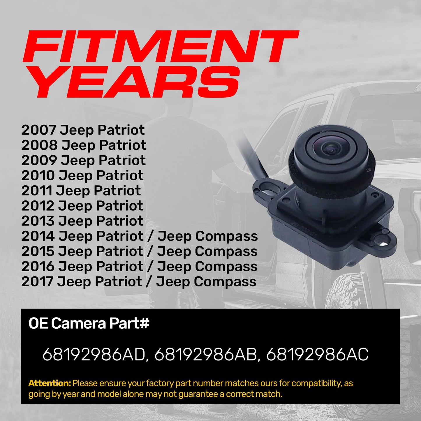Jeep Patriot (2007-2017), Compass (2014-2017) OEM Replacement Backup Camera OE Part # 68192986AB, 68192986AC, 68192986AD