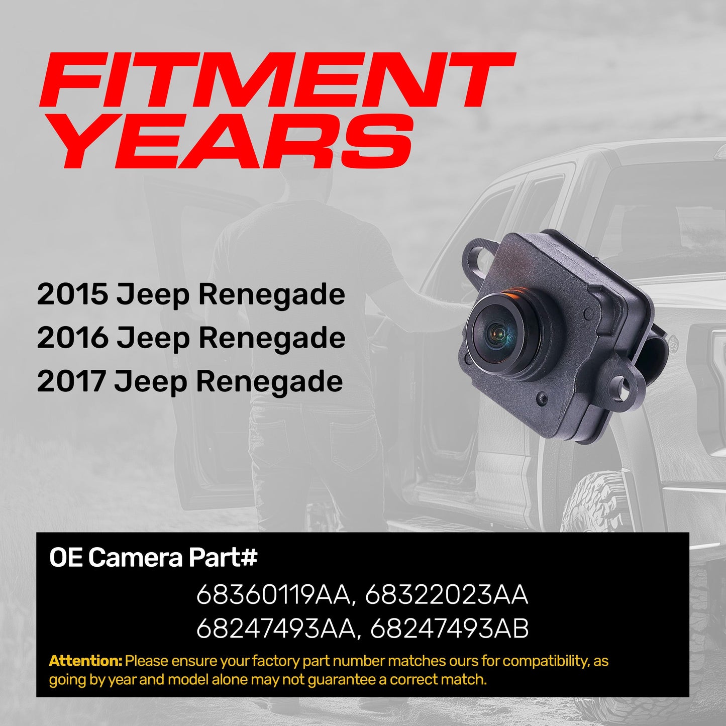 Jeep Renegade (2015-2017) OEM Replacement Backup Camera OE Part # 68360119AA, 68247493AA, 68247493AB, 68322023AA