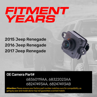 Jeep Renegade (2015-2017) OEM Replacement Backup Camera OE Part # 68360119AA, 68247493AA, 68247493AB, 68322023AA